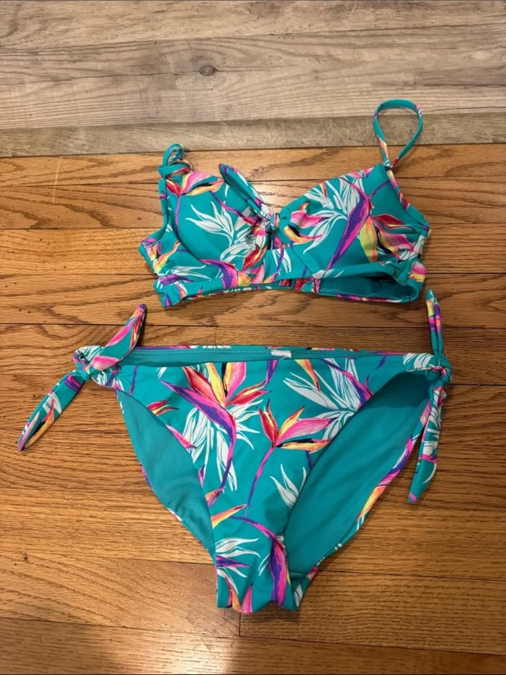 Girls' Tropical Teal Floral Bikini Set with Side Ties